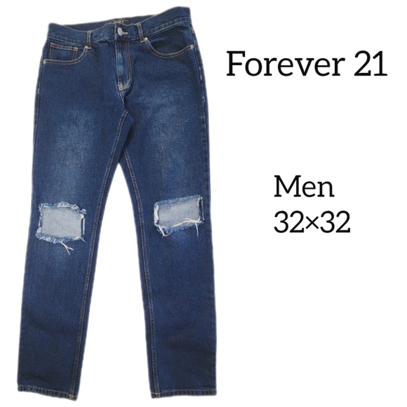 FOREVER 21 MENS JEANS SIZE 32×32 WASHED DISTRESSED DARK BLUE DENIM - Picture 1 of 9